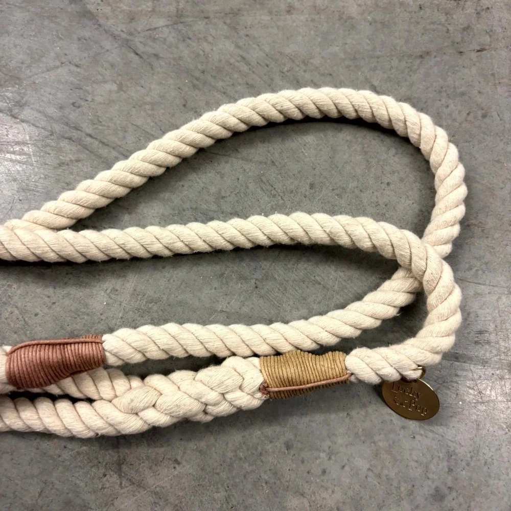 Lucky Pup Cotton Rope Dog Leash Cream Gold Hardware Handcrafted Style 5ft